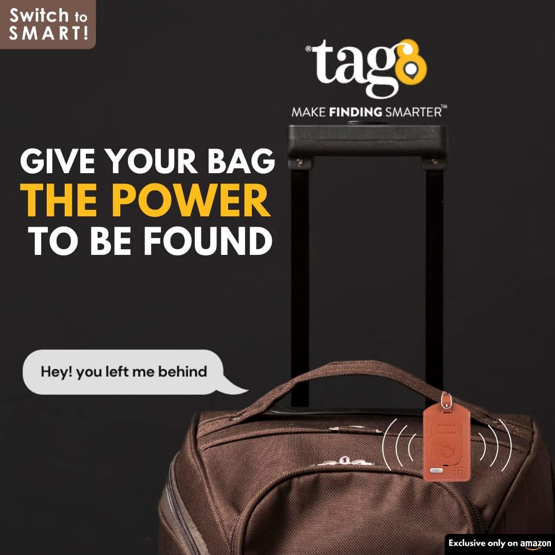 tag8 - Dolphin Smart Luggage Tracker for Suitcase, Backpack and More, Android and iOS Compatible, Genuine Leather BLE-Enabled Tracker Tag, Alternative to GPS Tracker, 2 Pieces, Tan