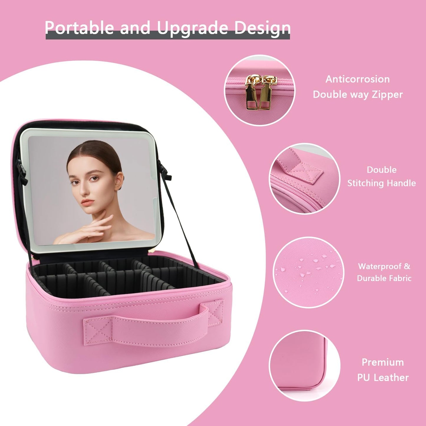 Makeup Bag with Led Mirror,Travel Makeup Organizer with 3 Color Setting & 10X Magnifying Mirror, Portable Storage and Adjustable Dividers Travel Makeup Bag-Dark Pink