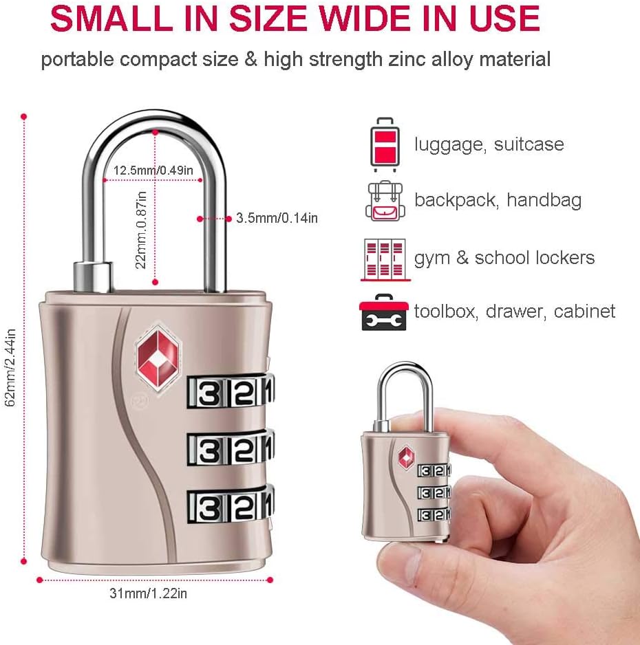 ZHEGE Luggage Locks, TSA Approved Locks, 3 Dial Zipper Lock with (80CM) Cable for Suitcases, Backpack, Baggage (Rose Gold, 2 Pack)