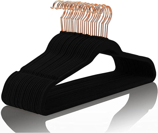 MIZGI Premium Velvet Hangers (60 Pack) Heavy Duty- Non Slip Felt Hangers - Velvet Suit Hanger Black - Rose Gold Hooks,Space Saving Clothes Hanger