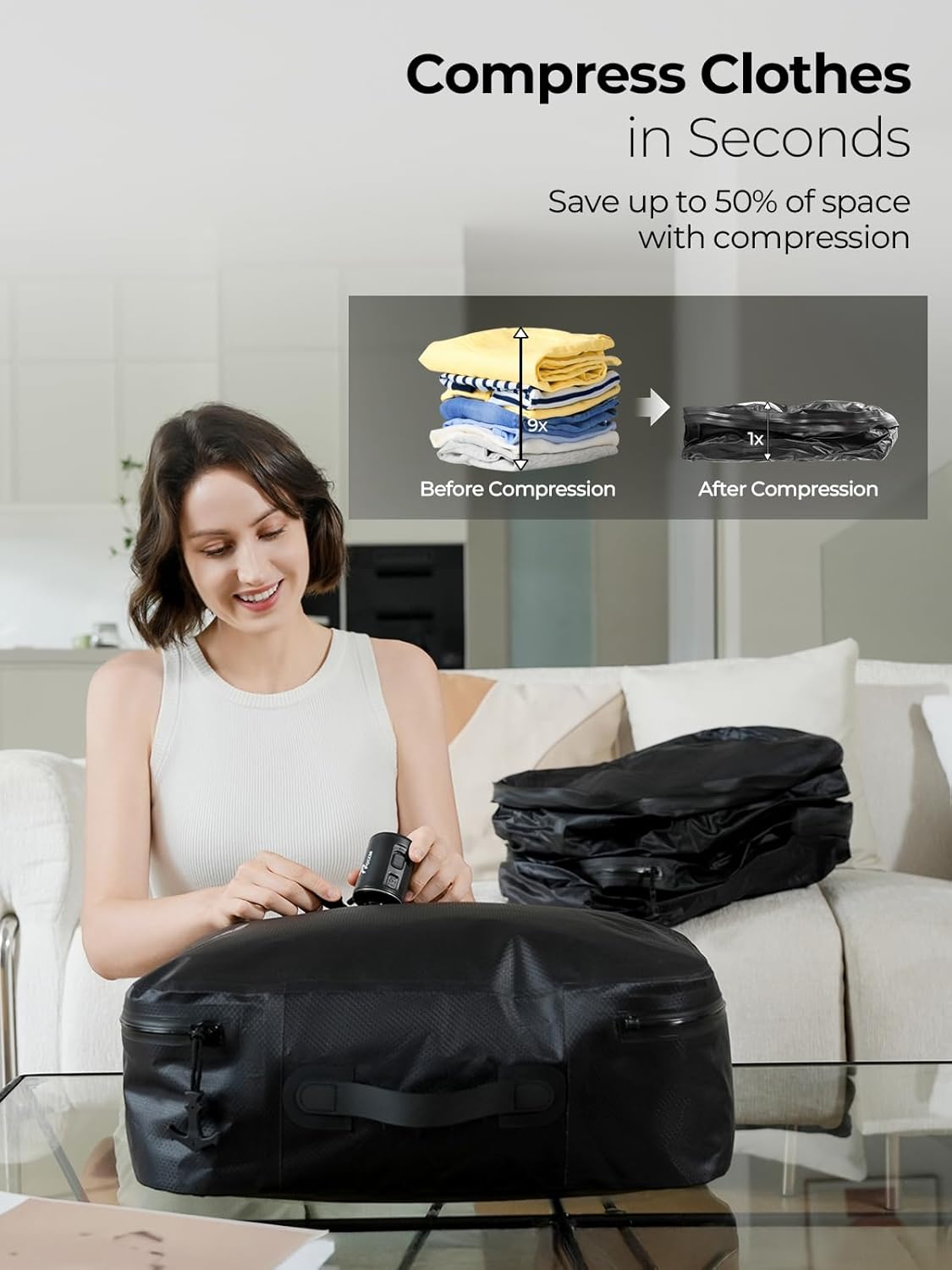 Vacuum Bags for Travel, 180° Open Zipper, IP67 Waterproof, Reusable Space Saver Compression Bags for Backpack, Suitcase, Home Storage(1 Pack, No Pump)