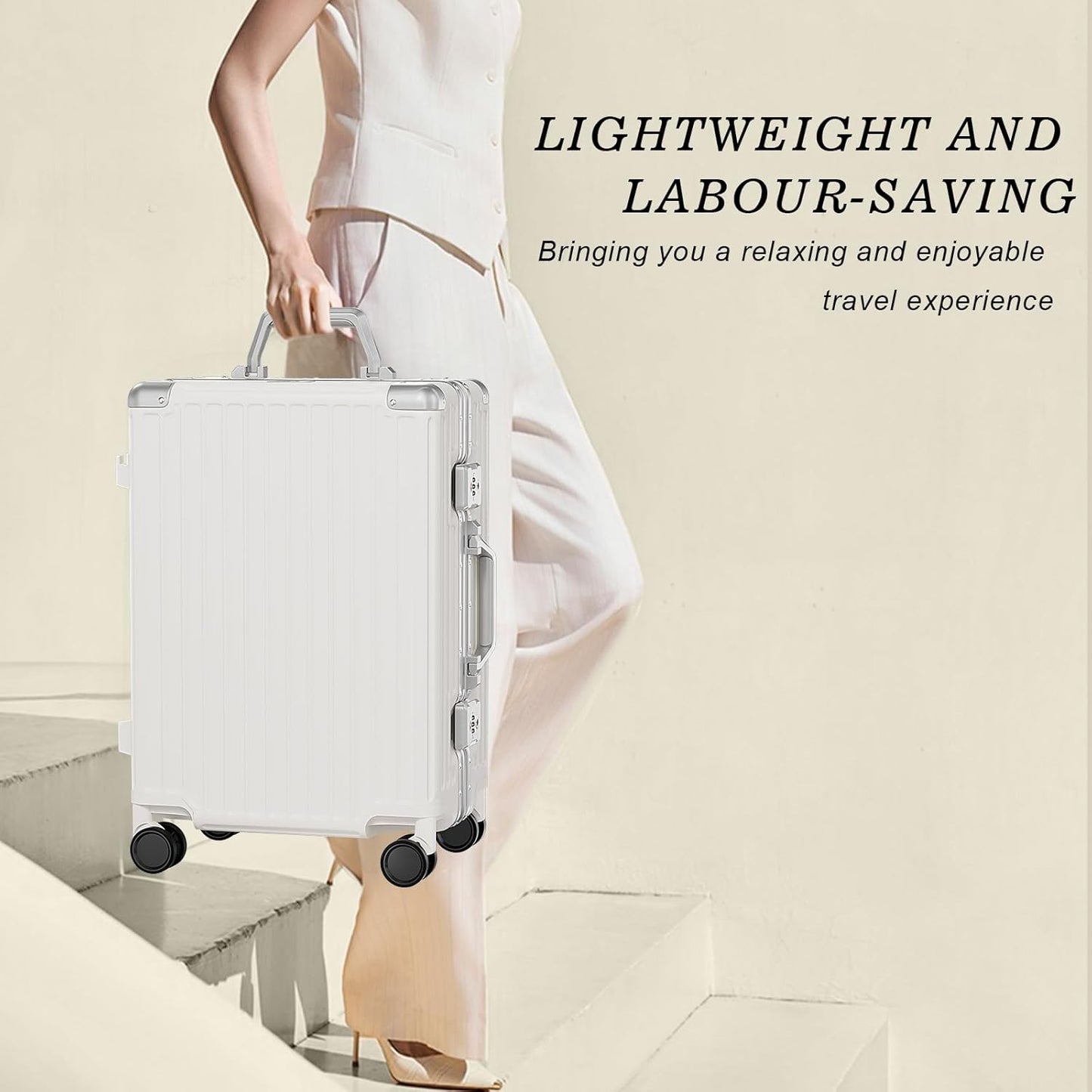 AnyZip Carry On Luggage PC+ABS Aluminum Frame Zipperless Luggage Hard Shell Suitcase with TSA Lock Double Spinner Wheels 20 Inch White