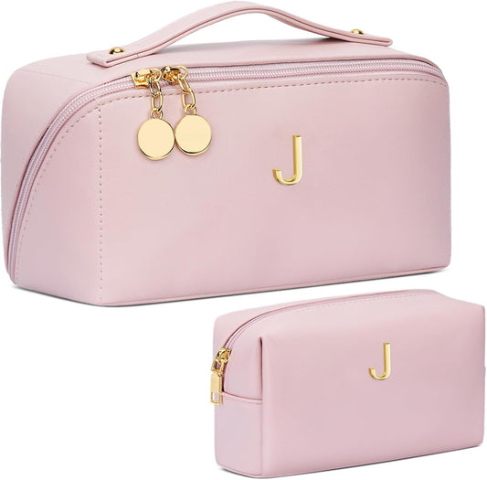 Birthday Gifts for Women Teen Girl, Personalized Initial Makeup Organizer Bag Set, Open Flat Travel Cosmetic Bag With Clear Divider and Handle(Pink,J)