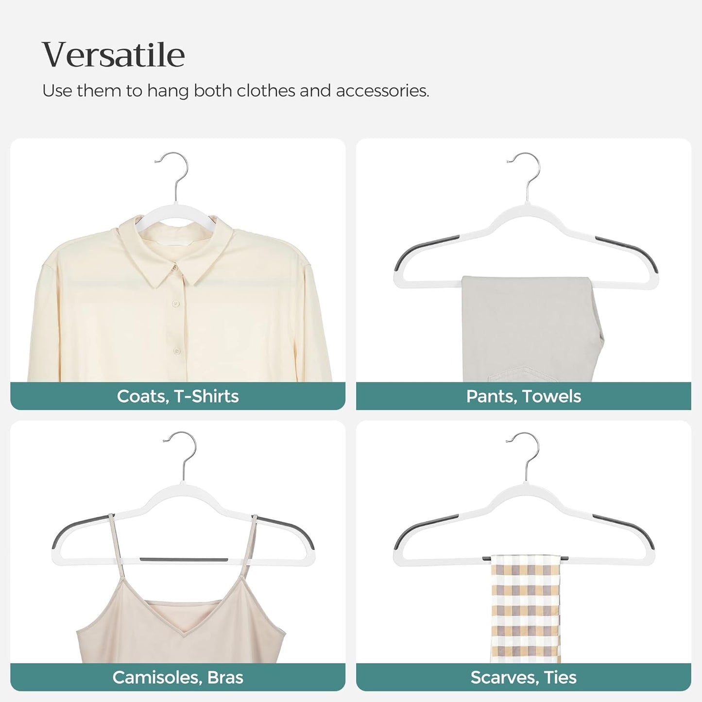 SONGMICS Clothes Hangers, Pack of 50 Plastic Coat Hangers, Space-Saving, 0.2 Inches Thick, 17.7 Inches Wide, 360° Swivel Hook, Cloud White and Dark Gray UCRP050W50