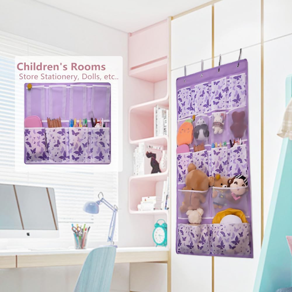 Over the Door Storage Organizer with 4 Kind of Pockets,Hanging Organizer for Shoes,Sock,Hat,Underwear,Handbag,Hair Tools,Cosmetics,Toiletry,Hanging Shelf Behind Door of Bathroom,Closet,Entrance,Purple