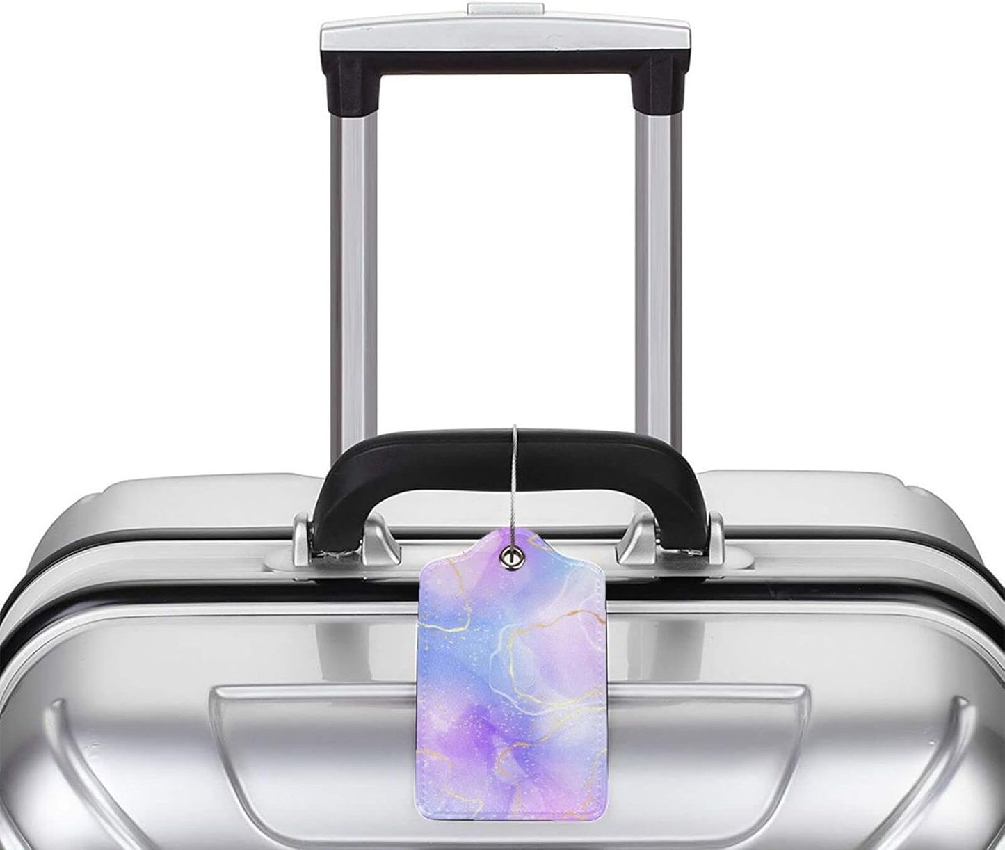 2Pcs Light Purple Blue Leather Luggage Tags with Golden and White Lines for Women Girls Travel, Pretty Abstract Lavender Violet Watercolor Marble Name ID Identifier Labels for Suitcase Baggage Bag