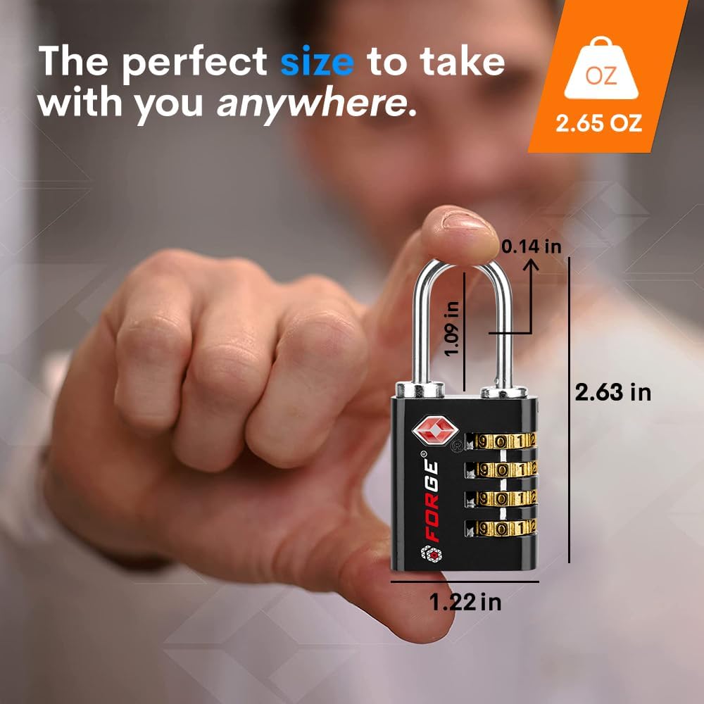 Forge Dual-Opening: Key or Combination Access Lock, Use Key to Recover Code If Forgotten, TSA Approved Locks for Luggage, Pelican case, Travel, Gym, School, Stainless Steel Shackle.(Black 6 Pk)