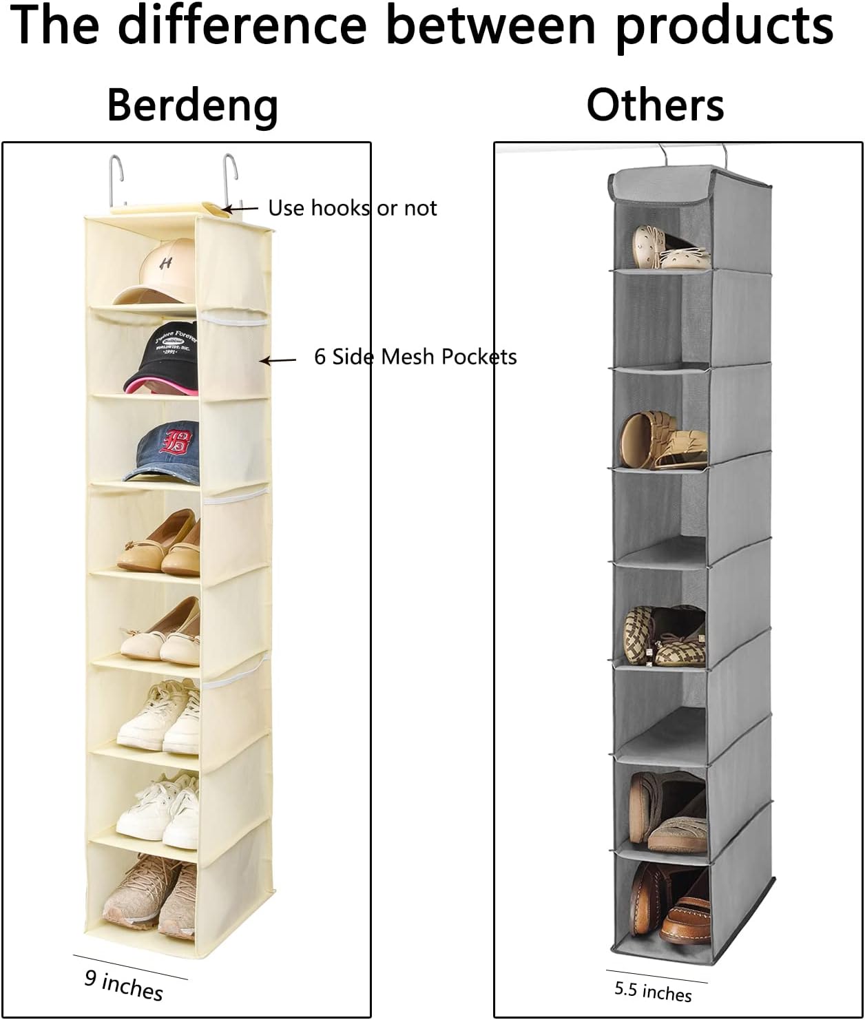 Hanging Shoe Organizer for Closet with Side Mesh Pockets，Hat Racks for Baseball Caps，Shoe and Hat Holder & Storage，8-Shelf，Beige，1 Pack