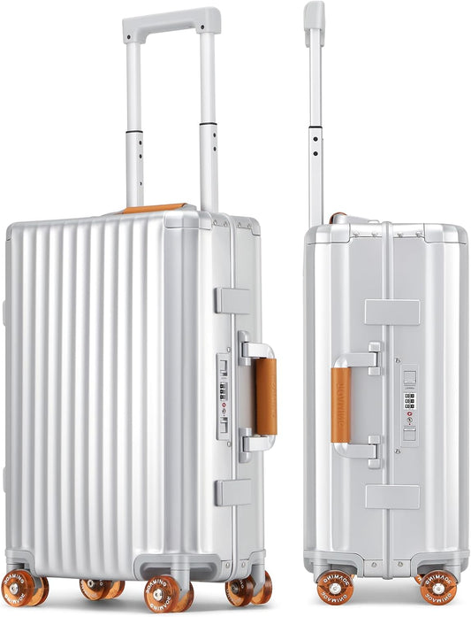 ROAMING 24 Inch Check Luggage Durable All Aluminum Hardshell Suitcase - Zipperless Luggages Airline Approved with 360° Spinner Wheels, TSA Lock, USB Port Smart Organizational Pockets （Silver orange）