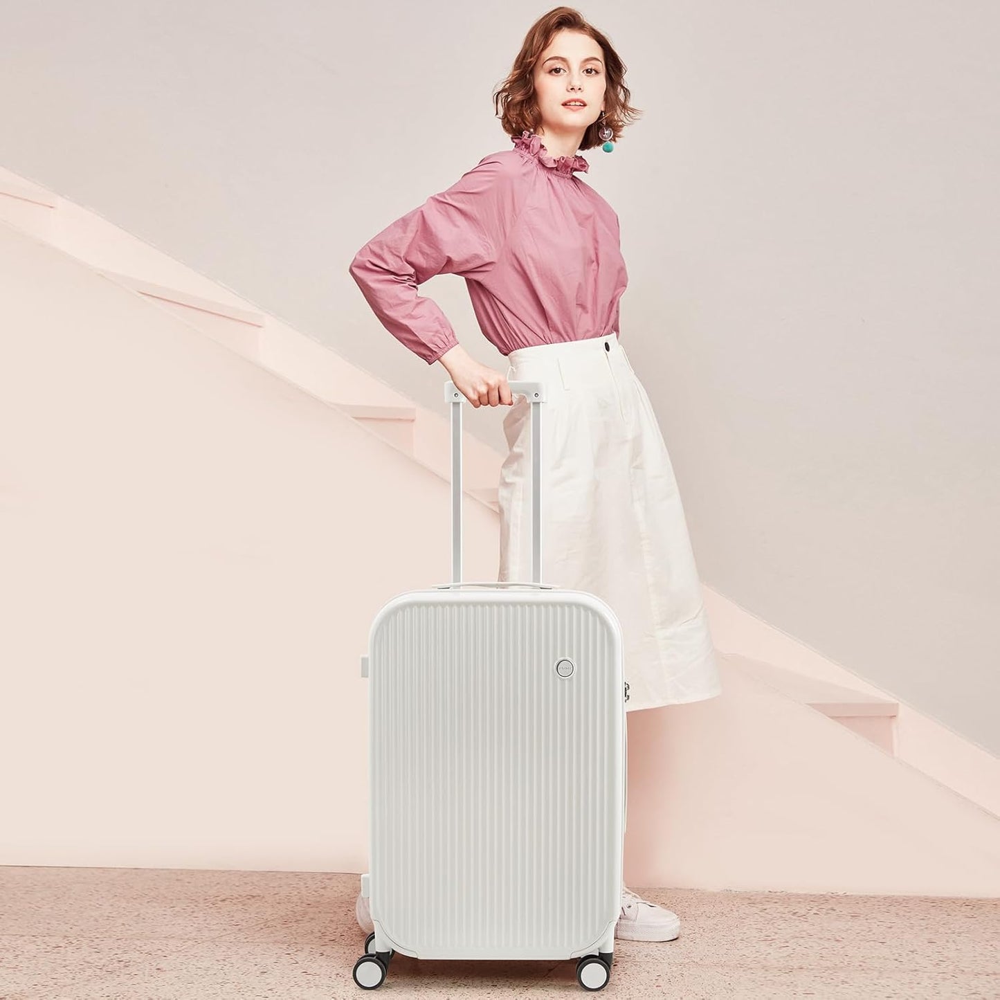 mixi 24 Inch Checked Luggage PC Hardshell Suitcases with Wheels for Travel Woman Men, Smoke White