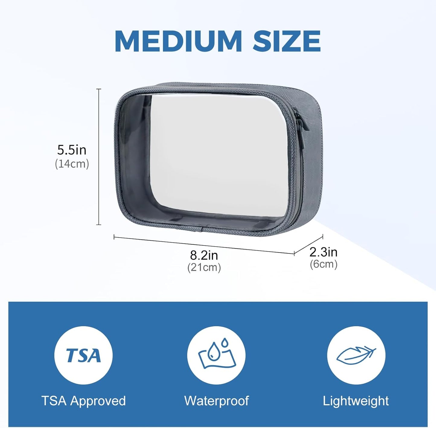 Moyad TSA Approved Clear Toiletry Bag, 1 Pack Quart Size 3-1-1 Liquids Pouch for Travel, Transparent Makeup & Cosmetic Organizer for Women Men, Grey