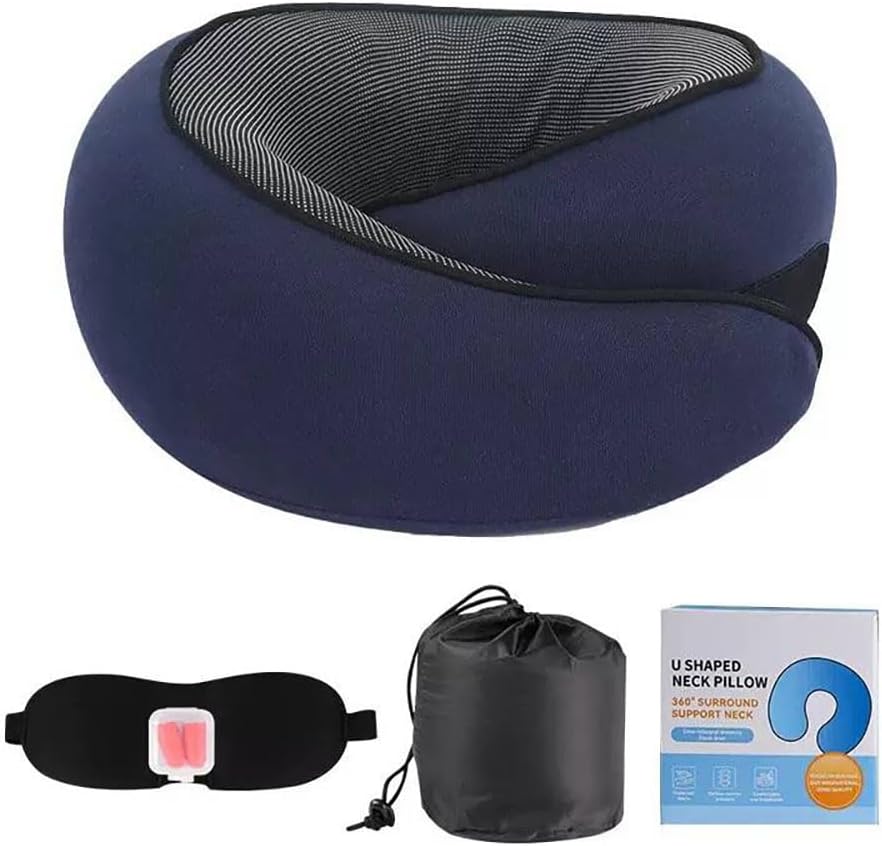 Travel Pillow, Travel Neck Pillow, 360 Degree Comfort and Breathability, Airplane Travel Neck Pillow, Stowable U-Shaped Pillow (Navy Blue)