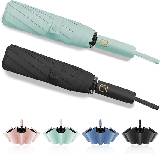 2-Pack Windproof, Waterproof, UV-Blocking Portable Travel Umbrella, Compact Sun & Rain Folding Umbrella, Double Rib Structure, Large Auto Open and Close Car Umbrella