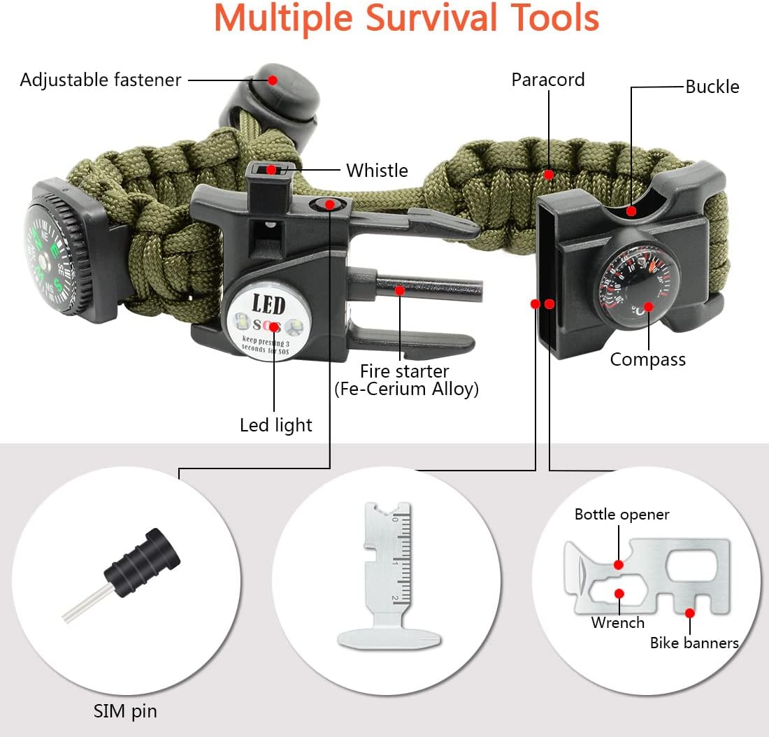 20 in 1 Survival Paracord Bracelet Adjustable Gear Kit with SOS LED Light, Fire Starter, Bigger Compass, Survival Whistle, Perfect for Camping, Hiking, Fishing