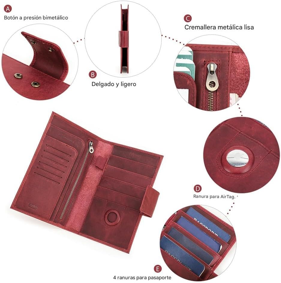 CONTACTS Full Grain Leather Family Passport Holder for 4 Womens Airtag Passport Wallet RFID Blocking Travel Passport Cover with 4 Passport Slot, 6 Card Slot (Red)