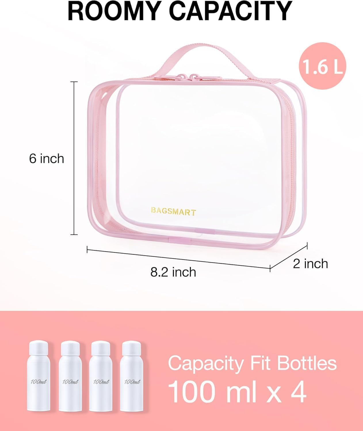 BAGSMART Clear Toiletry Bag, TSA Approved Travel Toiletry Bag Carry On Travel Accessories Bag Airport Airline Quart Size Bags water-resistant Makeup Bag for Women