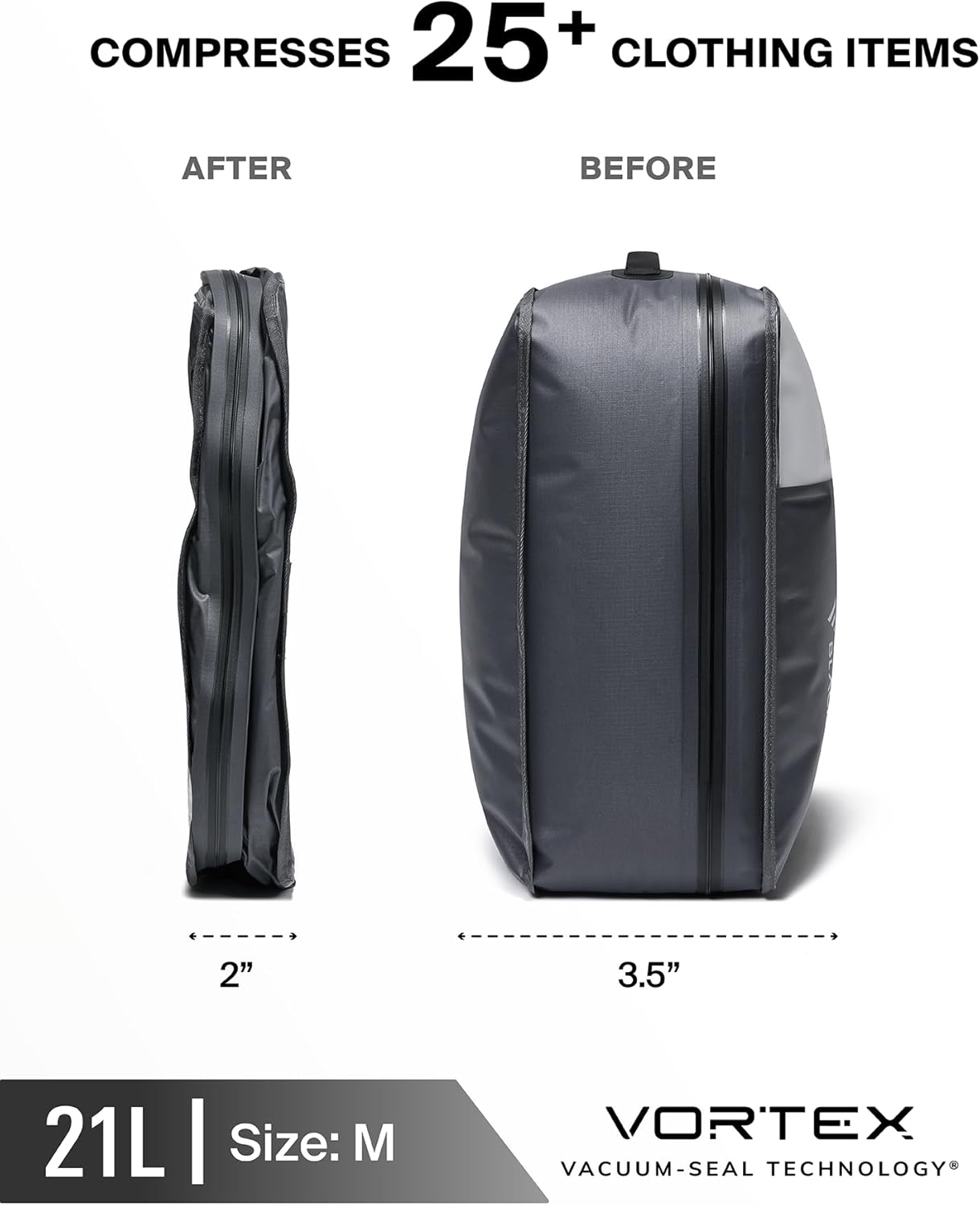 Black Voyage Reusable Vacuum Compression Travel Bag for Carry-On Suitcase and Backpack, Recycled IP67 Waterproof Space Saver Vacpack (1-Pack, 21L - No Pump)