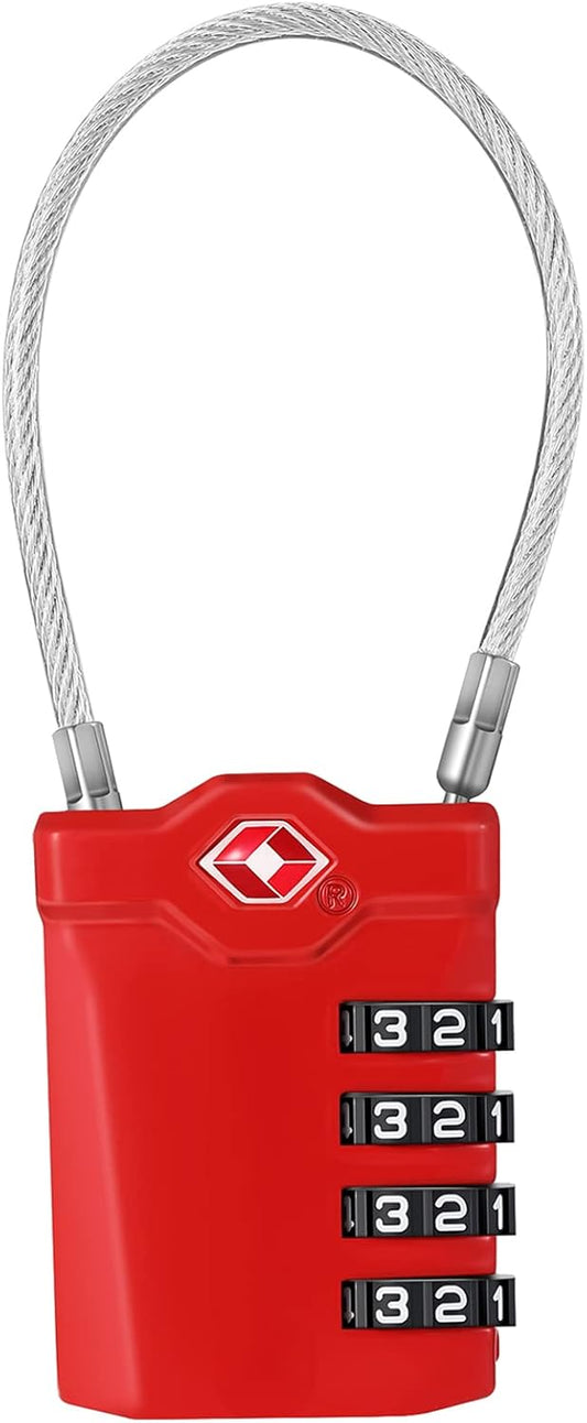 ZHEGE TSA Cable Luggage Lock, 4 Digit Zipper Lock with Open Alert Indicator, Easy to Read White Number Lock for School Gym Locker, Backpack, Suitcase, Laptop Bag (1 Pack, Red)