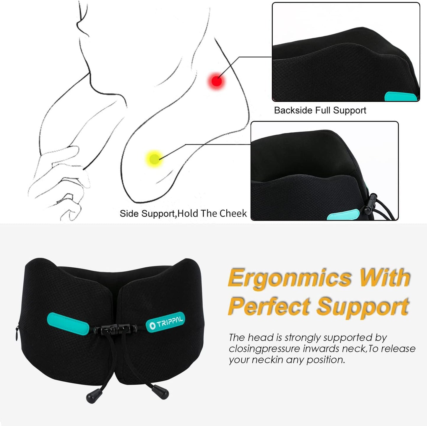 GOLDORANGE Travel Pillows for Sleeping Airplane Neck Chin Head Support Memory Foam Travel Neck Pillows for Long Flights Airplane Car Home Office Game, Black S