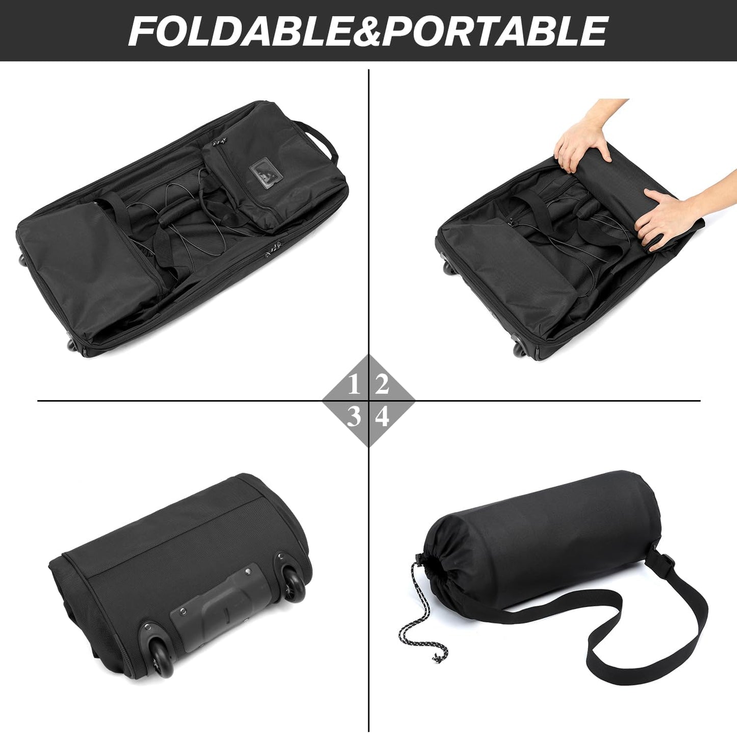 Laripwit Collapsible Duffle Bag with Wheels 130-170L Extra Large Expandable Travel Duffel Bag for Men Women Heavy Duty Military Duffle Bag for Camping Rolling Foldable Carry On Luggage, Black