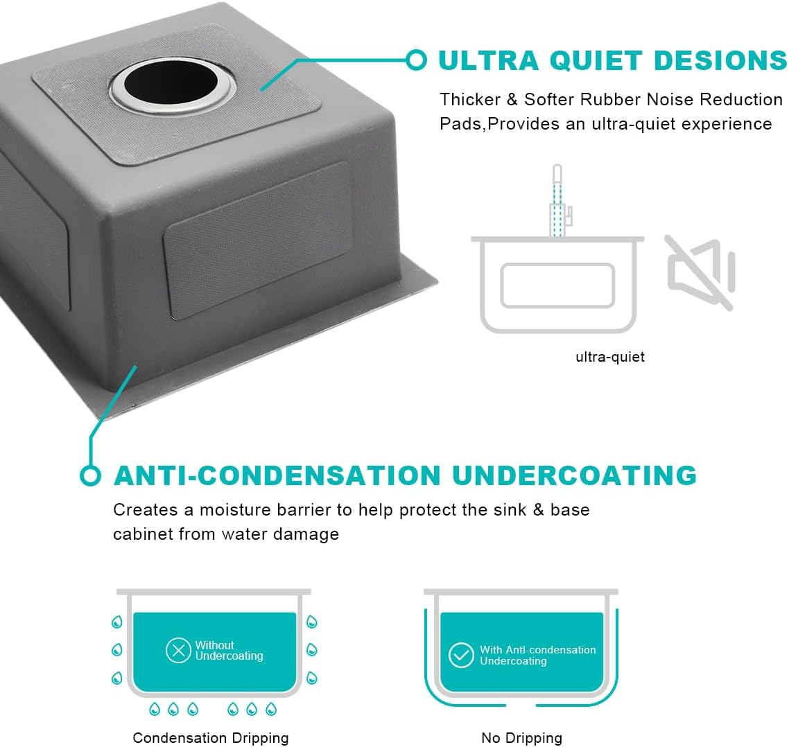 15 x 15 Inch Undermount Kitchen Sink, T-304 Stainless Steel Handmade Single Bowl Kitchen Bar Sink or Prep Small Sink (Brushed)