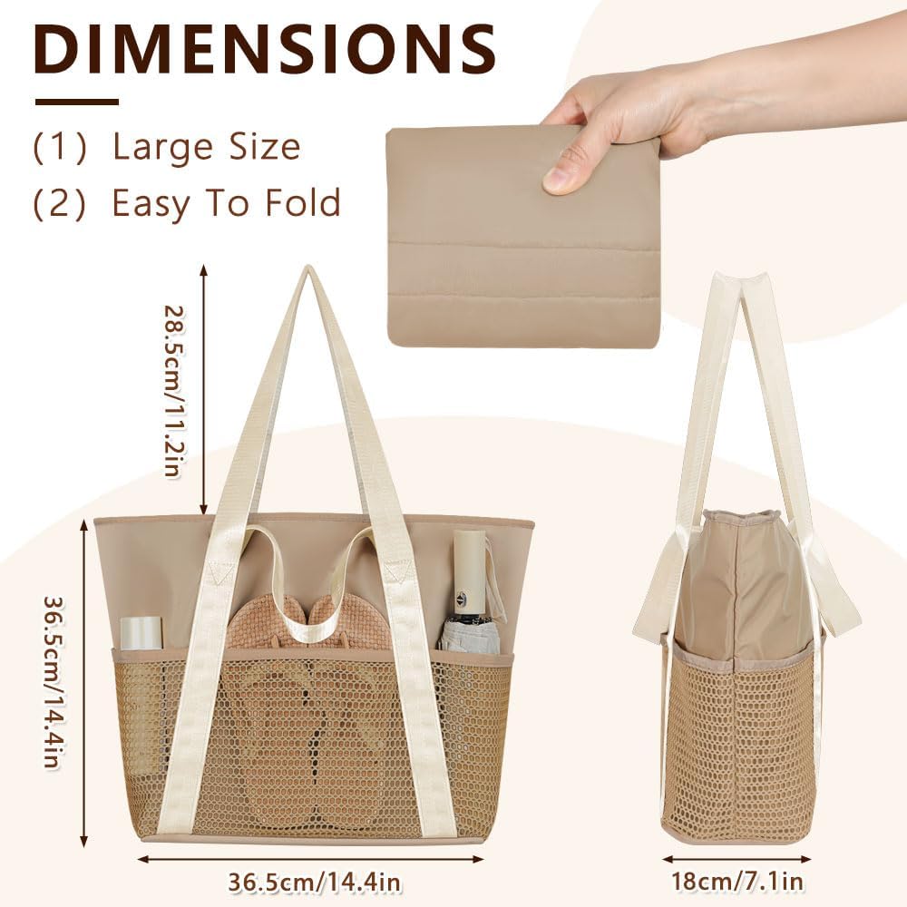 Waterproof Sandproof Beach Bag with Zipper and 6 Pockets - Foldable Lightweight Tote for Pool, Travel