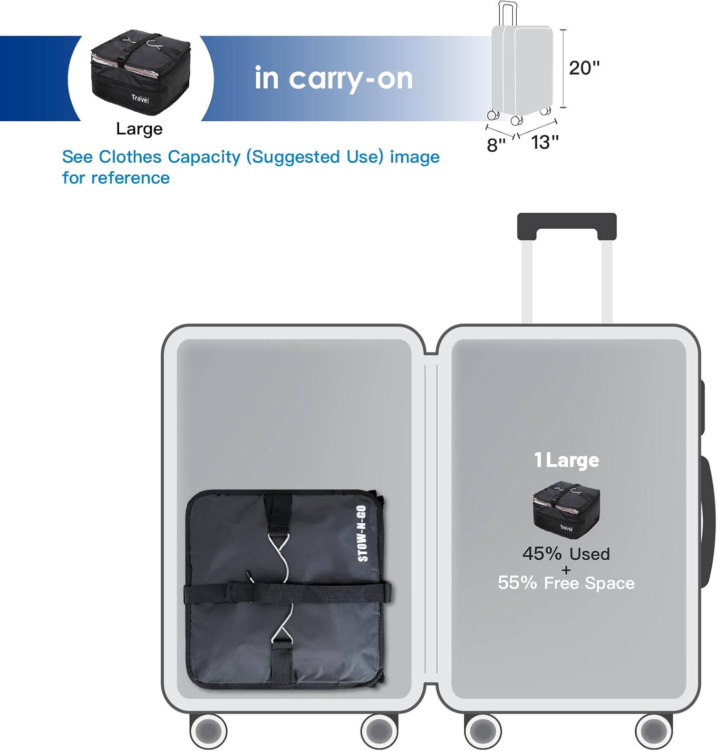 Grand Fusion Stow-N-Go Travel Luggage Organizer – Portable Hanging Travel Shelves, Carry-On Closet Organizer, Hanging Packing Cubes, Collapsible Carry-On Organizer for Cruises & Hotels. Black - L