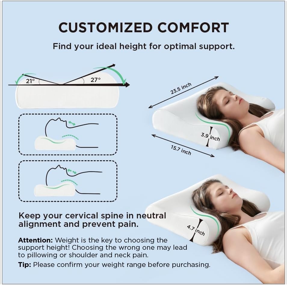 Bedsure Cervical Neck Pillow for Sleeping, Memory Foam with Cool-Touch Ice Pillowcases, Ergonomic Contour Pain Relief, Orthopedic Pillow for Neck Support for Side, Back, Stomach Sleepers ﻿