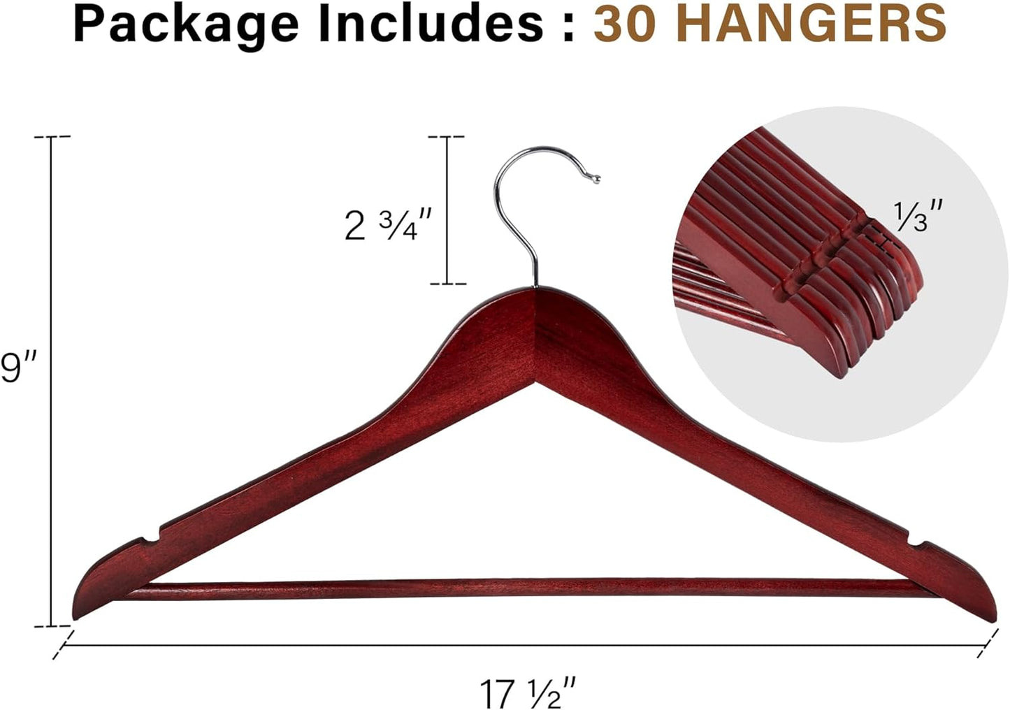 StorageWorks Wooden Hangers 30 Pack, Wood Coat Hanger for Coats, Shirts, Jackets, Pants, Suits, Dark Cherry Color