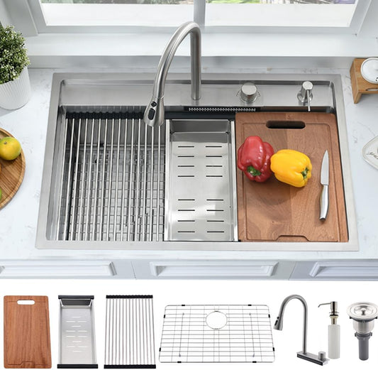 33 Inch Drop In Waterfall Kitchen Sink Workstation-Bokaiya 33x19 Drop In Kitchen Sink with Faucet Combo Stainless Steel Waterfall Sink Top Mount 16 Gauge 10" Deep Single Bowl Kitchen Sinks