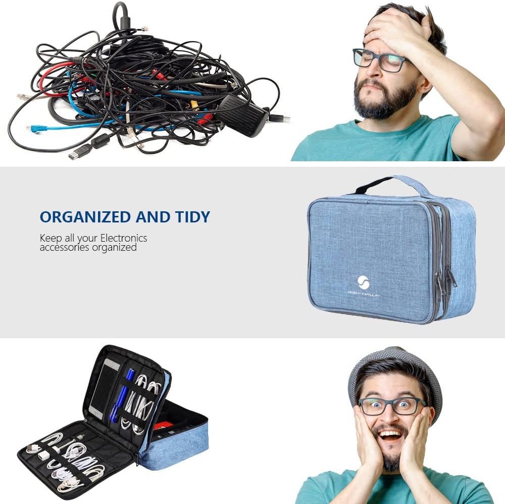 Travel Electronics Organizer, Waterproof Cable Organizer Bag for Electronic Accessories Double Layer Large Shockproof Cable Storage Bag for Cord, Power Bank, Tablet(Up to iPad 11 inch) - Denim blue