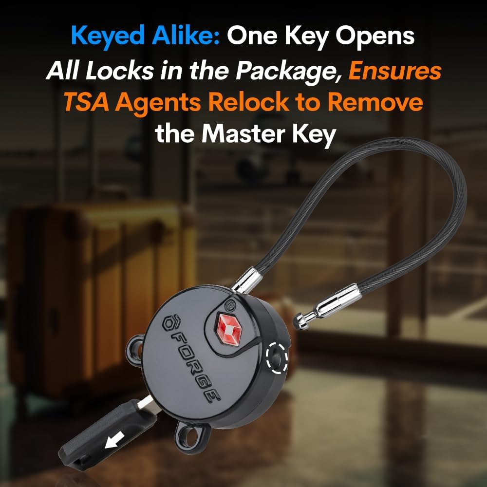 Forge TSA Approved Luggage Locks Ultra-Secure Dimple Key Travel Locks with Zinc Alloy Body- Black 4 Cable Locks