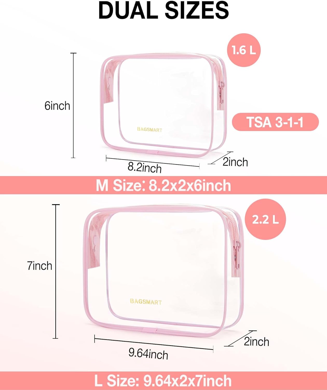 BAGSMART Clear Toiletry Bag, TSA Approved Travel Toiletry Bag Carry On Travel Accessories Bag Airport Airline Quart Size Bags water-resistant Makeup Bag for Women