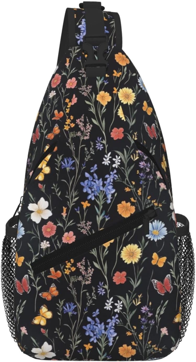 SUPLUCHOM Sling Bag Vintage Botanical Flower Wildflower Hiking Daypack Crossbody Shoulder Backpack Travel Chest Pack for Men Women