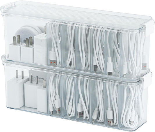 Yesesion 2 Pack Cord Organizer Box with Lid, Clear Desk Drawer Accessories Storage Case for Home Office Supplies, Art Crafts, Phone Charger, USB Cables, Marker Pen, Pencil Holder