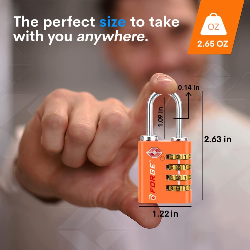 Forge Dual-Opening: Key or Combination Access Lock, TSA Approved Locks for Luggage, Pelican case, Travel, Gym, School, Stainless Steel Shackle.(Orange, 2 Pk)