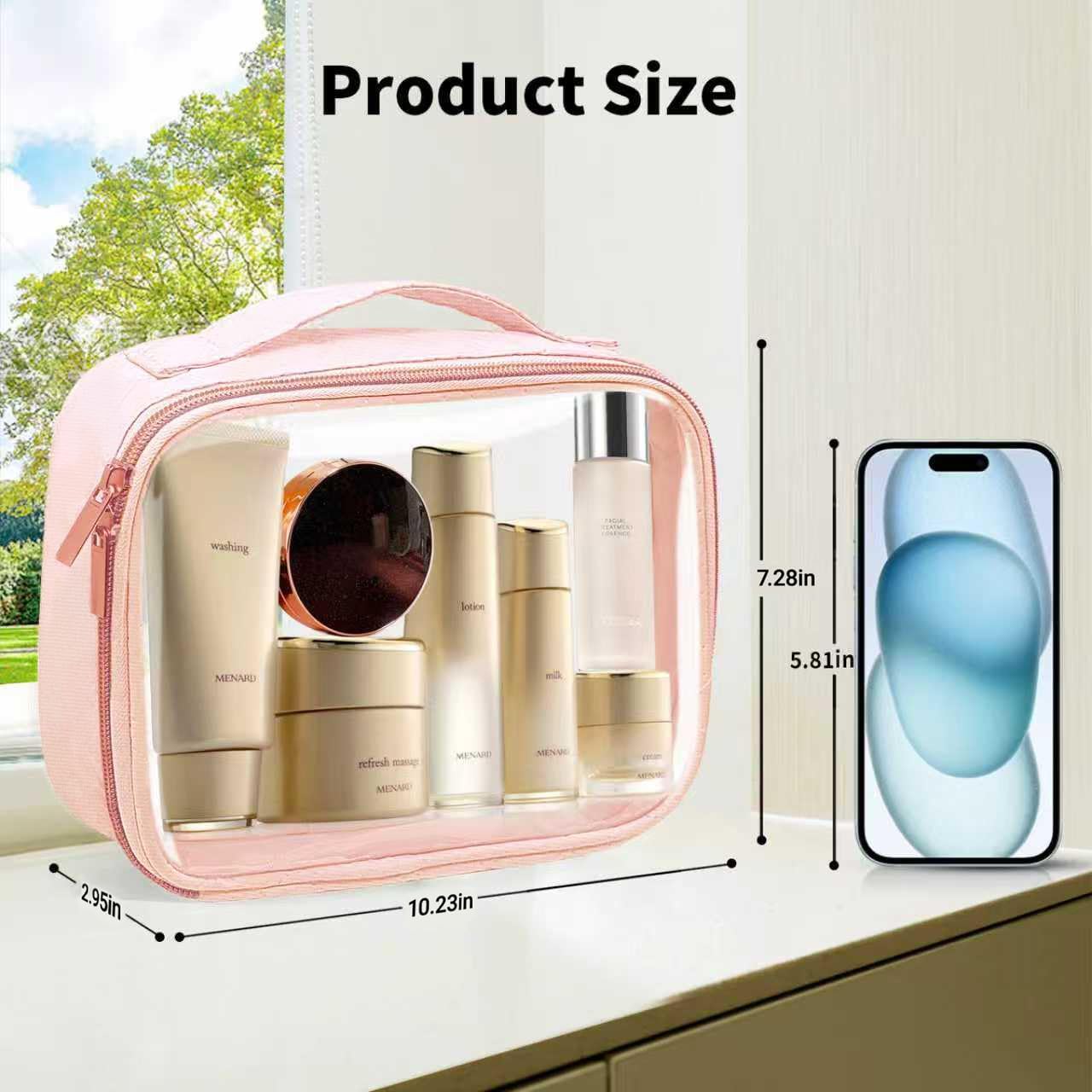 Travel Toiletry Bag,2 Pack Clear Makeup Bags with Handles,180°Opening Clear Cosmetic Bags for Traveling Women,Men,Travel Essentials,Pink