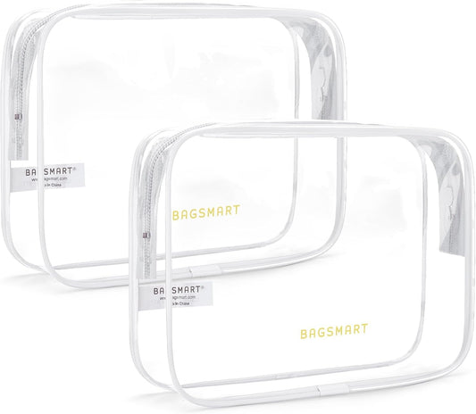 BAGSMART Clear Toiletry Bag, 2 Pack TSA Approved Travel Toiletry Bag Carry on Travel Accessories Bag Airport Airline Quart Size Bags Water Repellent Makeup Cosmetic Bag for Women (White-2pcs)