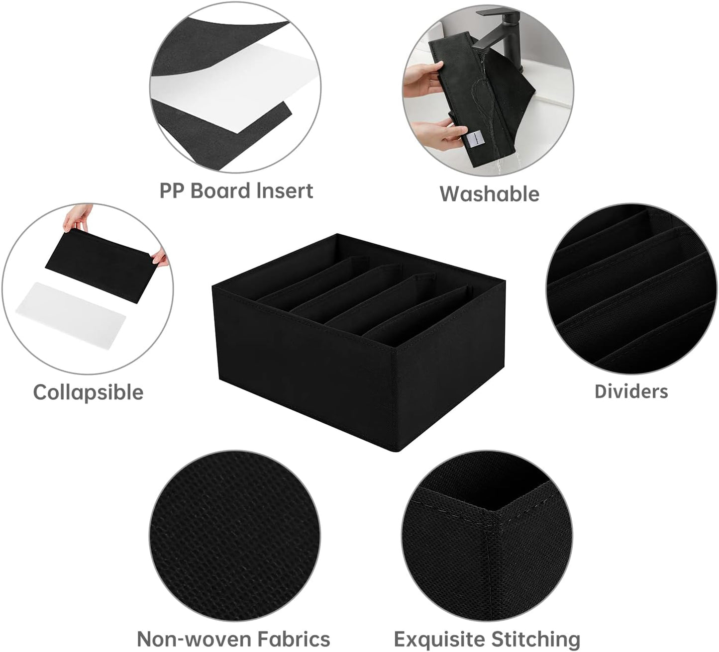 Jeans Drawer Organizers for Clothing, 5 Compartment Wardrobe Storage Box, Washable Clothes Organizer for Folded Clothes, Jeans, Pants, Leggings, t-shirts(Black)