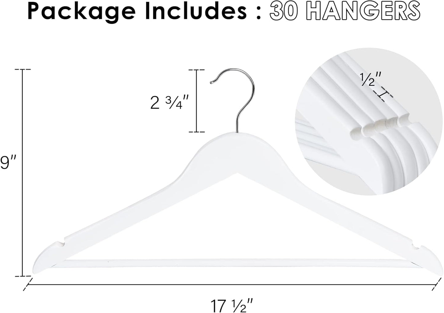 StorageWorks White Wooden Hangers, 30 Pack Wood Hanger for Closet, Coat Hangers for Coats, Shirts, Pants, Bridesmaid Suits, Wedding Dress