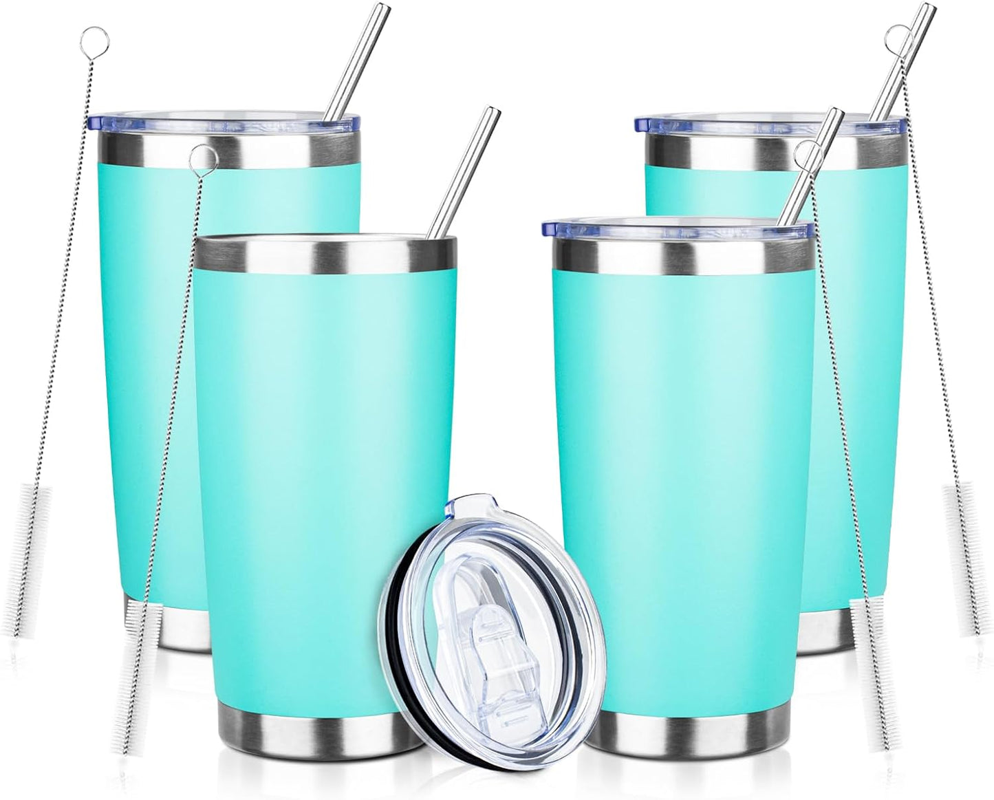 20oz Tumbler with Straw and Brush, Stainless Steel Vacuum Insulated tumbler, Double Wall Insulated Coffee Tumbler for Outdoor, Home, Travel,Office (Light green，4pcs)