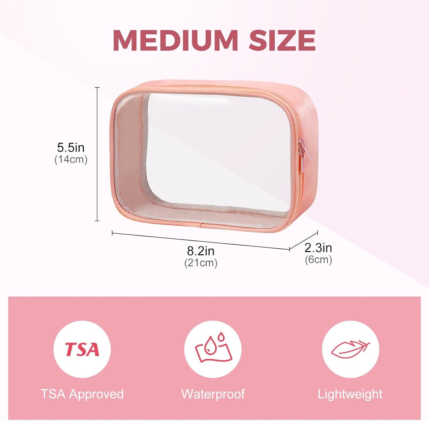 Moyad TSA Approved Clear Toiletry Bag, 2 Pack Quart Size 3-1-1 Liquids Pouch for Travel, Transparent Makeup & Cosmetic Organizer for Women Men, Peach Pink