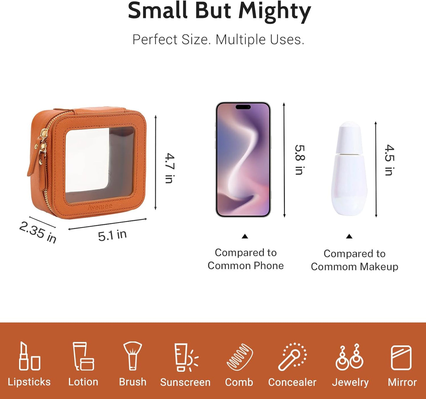 Aveniee Mini Clear Makeup Bag, Small Cosmetic Bags Travel Toiletry Pouch Organizer, TSA Approved Make up Case with Zipper, Car Bag for Essentials,Brown