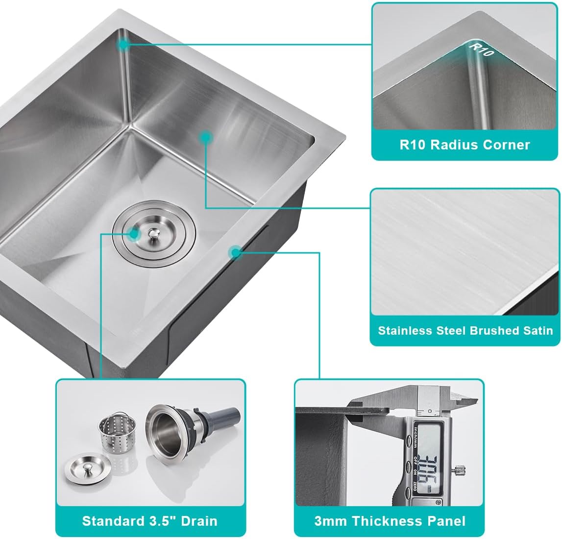 15 inch Undermount Bar Sink, Stainless Steel Handmade Single Bowl Kitchen Sink Undermount, D15" x W17" x H8"