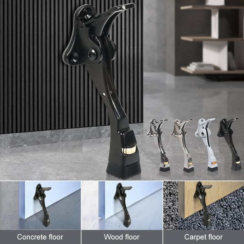 2 Packs Heavy Duty Kickdown Door Stopper, One Touch Adjustable Kickdown Door Stop for Heavy Doors, 4 in Metal Door Kickstand with Rubber Tip & Wall Protectors for Wide Doors- Black
