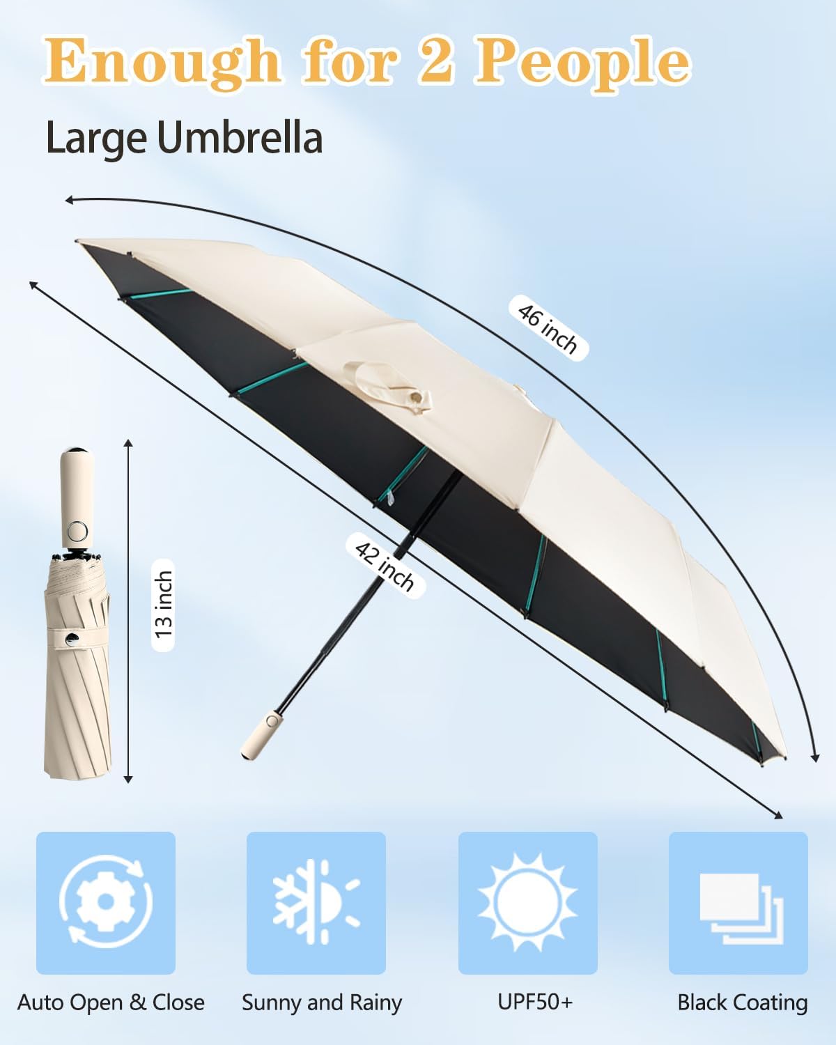 Large Double-Ribs Umbrella Automatic Folding Umbrella for Women Men, Travel, UPF 50+ UV Protection