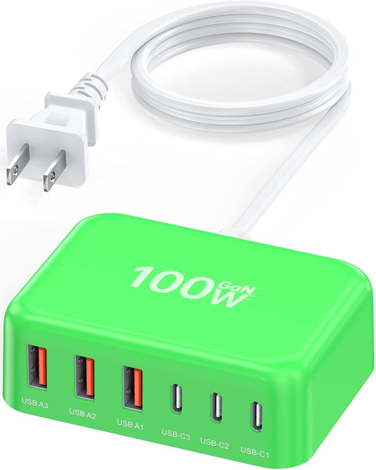 USB C Charger Block, 100W GaN 6 Port PD USB C QC USB A Wall Charger Adapter Plug Cube, Super Fast Type C Charging Station Hub for iPhone 16 15 14 13 12 Pro Max iPad Samsung Pixel 5ft Extension Cord