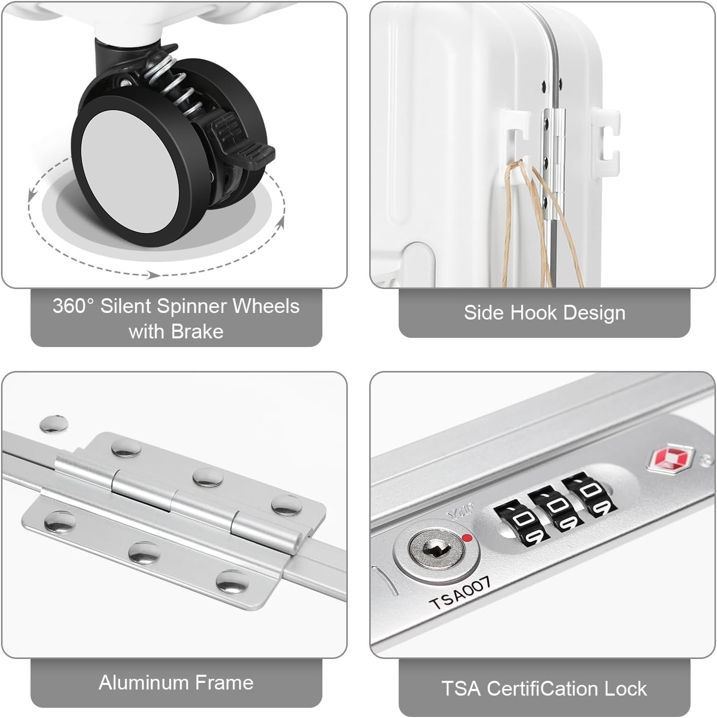 MRPLUM Carry On Luggage Double Handle Suitcase with Net Pocket,Hard Shell Spinner Wheels Luggage with TSA Lock&Seat Belt,20 inch,White