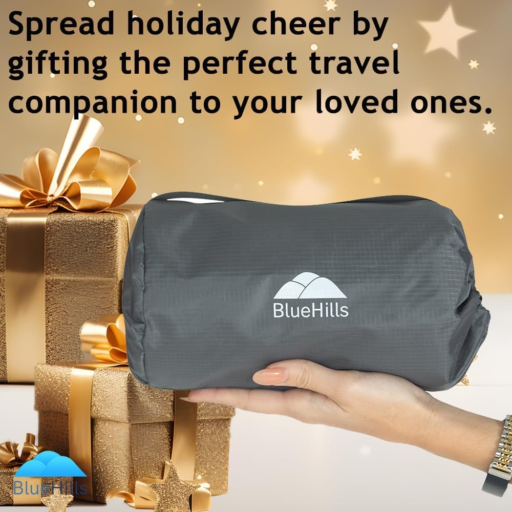 BlueHills Ultra Compact Travel Blanket Pillow in Portable Bag Case Soft 70 X 56 with Strap Backpack Clip Premium Cozy Soft Compact Pack Large Blanket for Airplane Flight Layover Grey - Gray C002