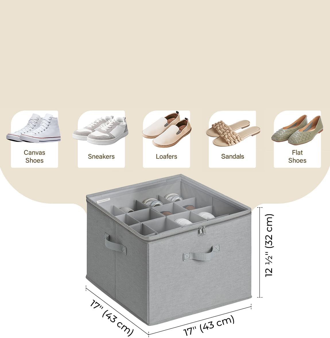 StorageWorks Shoe Organizer for Closet, Fits up to 16 Pairs, Shoe Cubby Storage Containers with Adjustable Dividers and Clear Cover, Grey